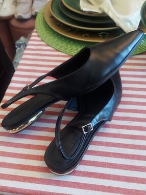 Primark Black Pointed Slingback Flats with Gold Heel Trim